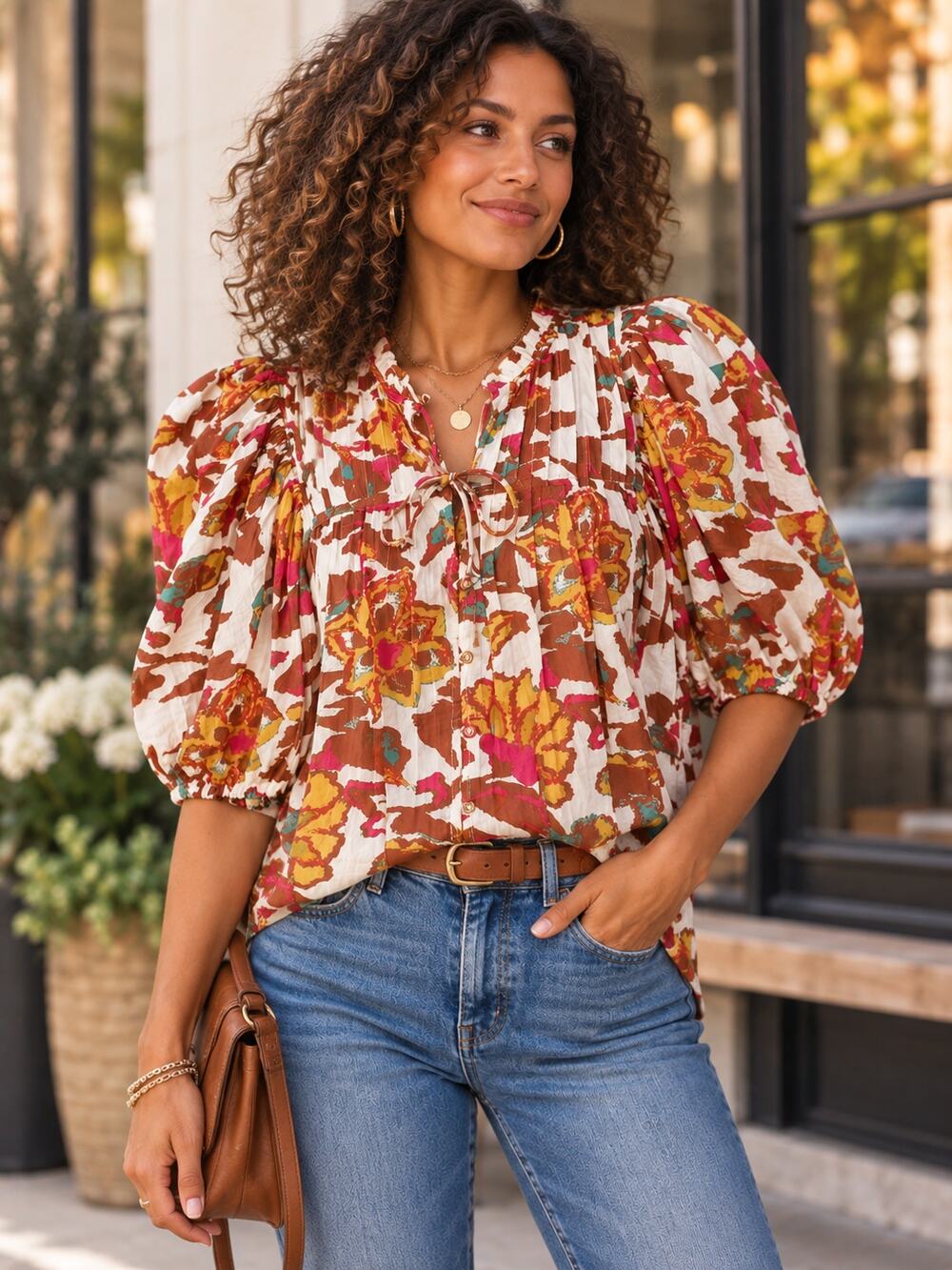 CLEOBELLA Multicolor Floral Puff Sleeve Organic Cotton Boho Blouse Size Small